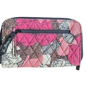 Vera Bradley Mocha Rouge Pink Floral Zip Around Wallet Wristlet EUC
